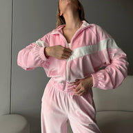 Damen sportlicher Fleece-Anzug mit hohem Kragen und elastischen Bündchen WW