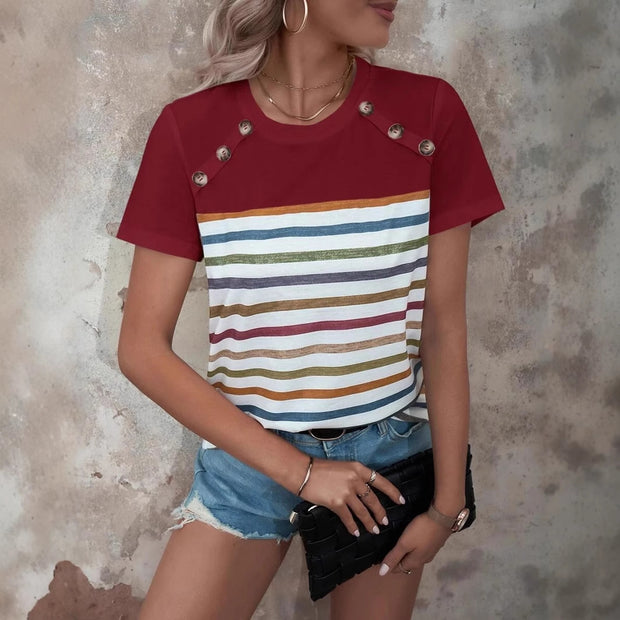 Damen gestreiftes T-Shirt mit modischen Knopfdetails und Rundhalsausschnitt WW