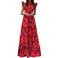 Damen Boho Maxikleid mit voluminösen Rüschenärmeln und gestuftem Rock WW