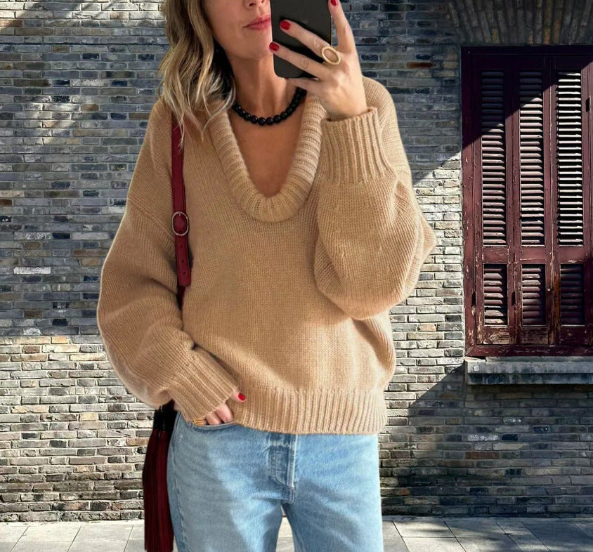 Damen Strickpullover mit V-Ausschnitt und lässigem Schnitt WW
