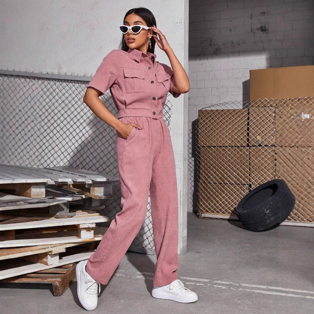 Damen Cord-Hosenanzug mit klassischem Kragen und elastischem Bund WW