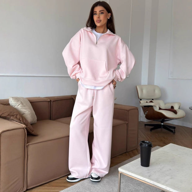 Damen bequemer und stylischer Fleece-Pullover mit halbem Reißverschluss und weiten Hosen WW