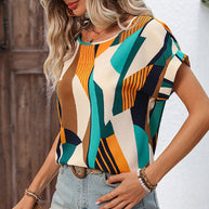 Damen stilvolles Kurzarm-Top mit modernem geometrischen Muster WW