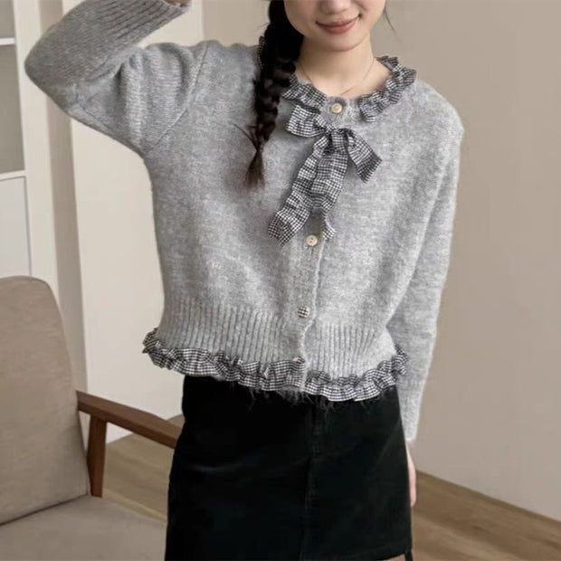 Damen Strickjacke mit Rüschen und eleganter Schleife WW