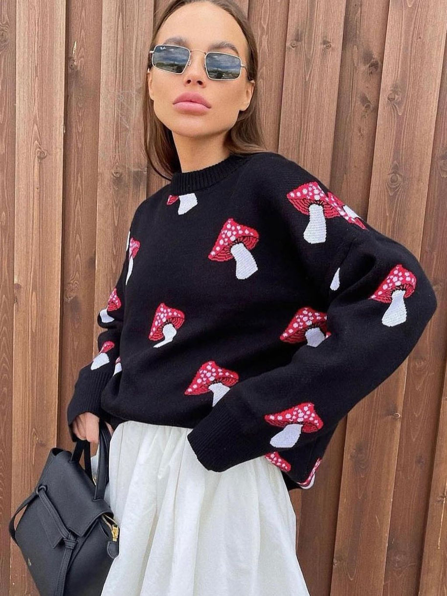 Damen Strickpullover mit verspieltem Pilzmotiv WW