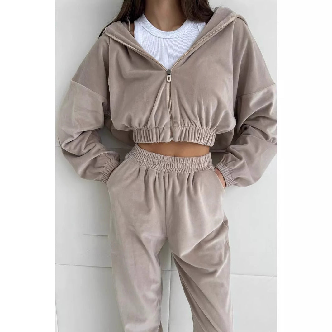 Damen sportliche Veloursjacke mit elastischen Bündchen und Reißverschluss WW