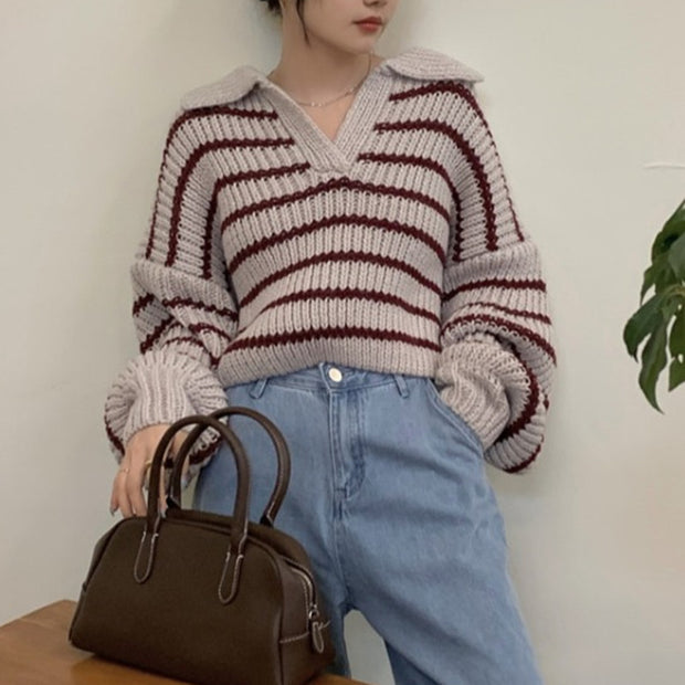 Damen Strickpullover mit lässigem Kragen und attraktiven Streifen WW