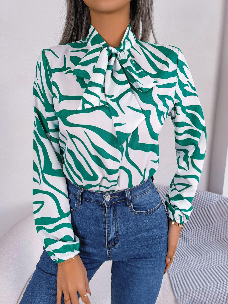 Damen Bluse mit modischem Zebra-Muster und elegantem Schleifenkragen WW