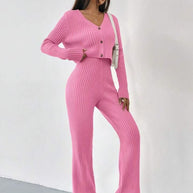 Damen Strick Set mit V-Ausschnitt und weitem Bein WW