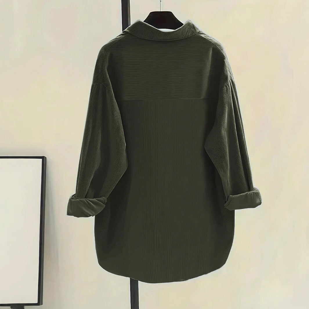 Damen Oversized Hemd aus Rippstoff mit Brusttaschen und schickem Kragen W&W Mode