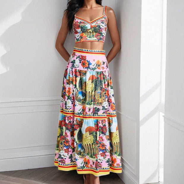 Damen Zweiteiliges Sommeroutfit mit floralem Bustier und schwingendem Rock WW