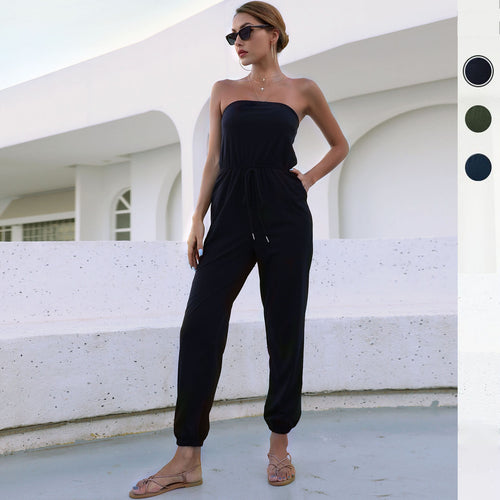 Damen Jumpsuit mit trägerlosem Schnitt und elastischem Taillengürtel WW