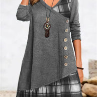 Damen asymmetrisches Freizeitkleid mit kariertem Saum und Knopfdetail WW