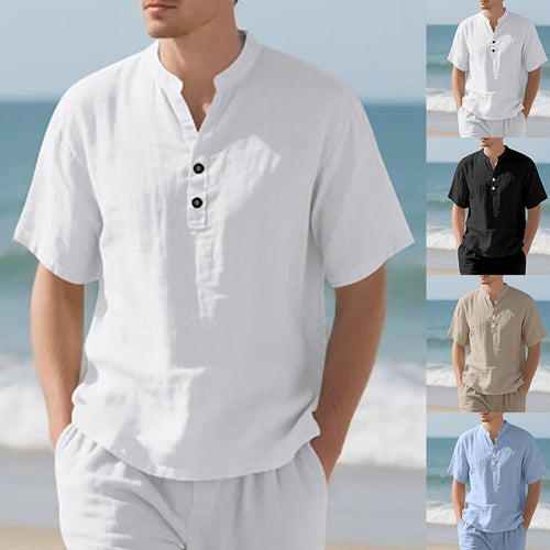 Herren nan sommerliches Nehru-Hemd aus Leinenmix mit kurzer Knopfleiste W&W Mode