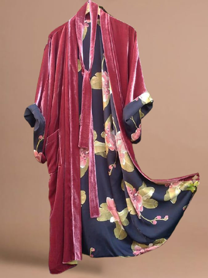 WW | Satin Digital Floral Taille Gürtel Cardigan Schlafanzug