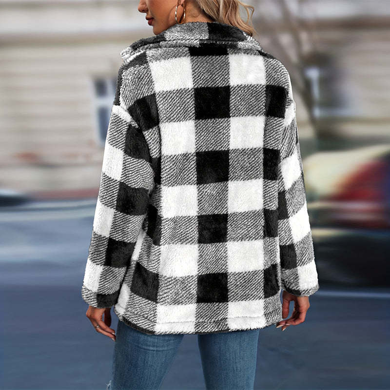 Damen Fleecepullover im Karodesign W&W Mode