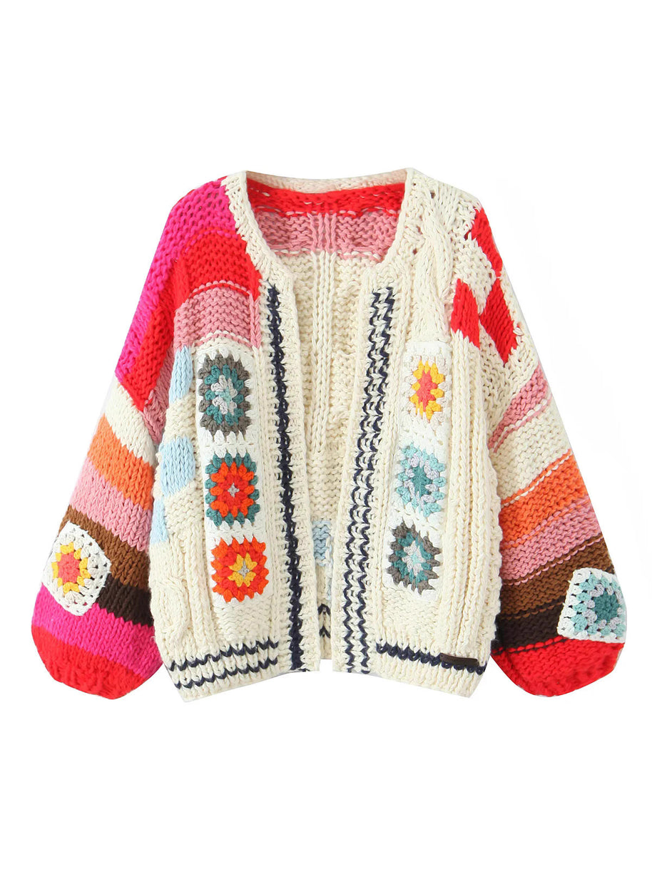 Damen Strickjacke im kreativen Patchwork-Design mit weitem Schnitt WW