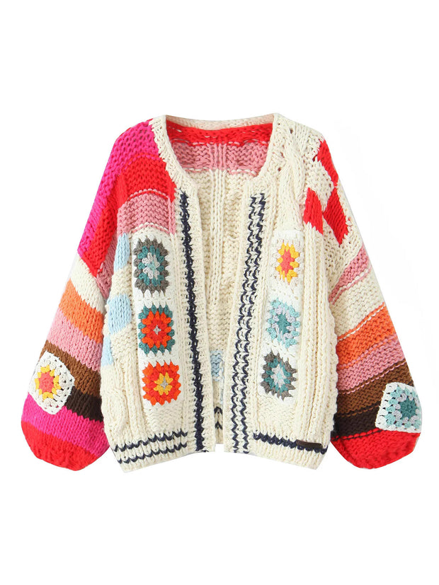 Damen Strickjacke im kreativen Patchwork-Design mit weitem Schnitt WW