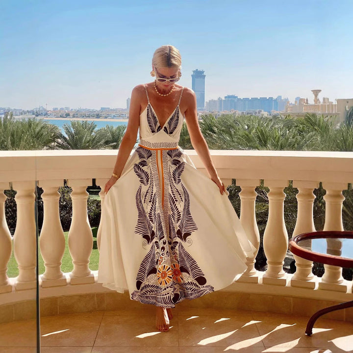 Damen elegantes Sommermaxikleid mit kunstvollem Blattmuster W&W Mode
