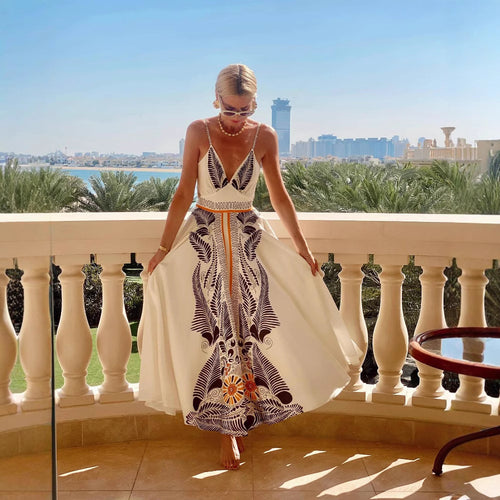 Damen elegantes Sommermaxikleid mit kunstvollem Blattmuster WW
