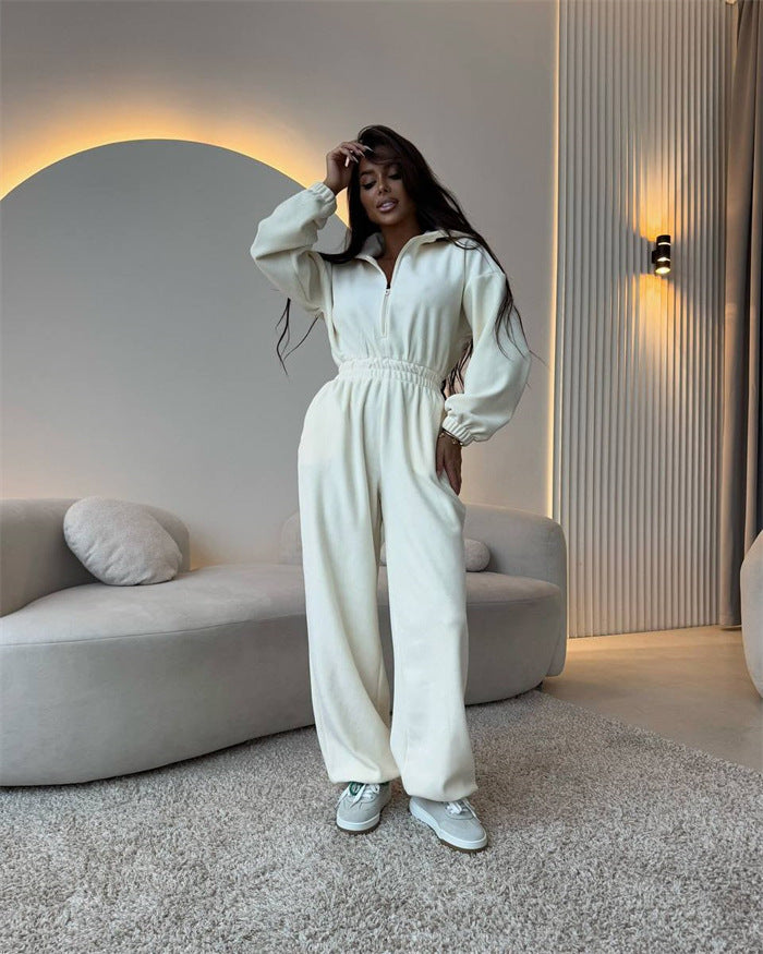 Damen eleganter Jumpsuit mit kurzem Reißverschluss und elastischem Bund WW