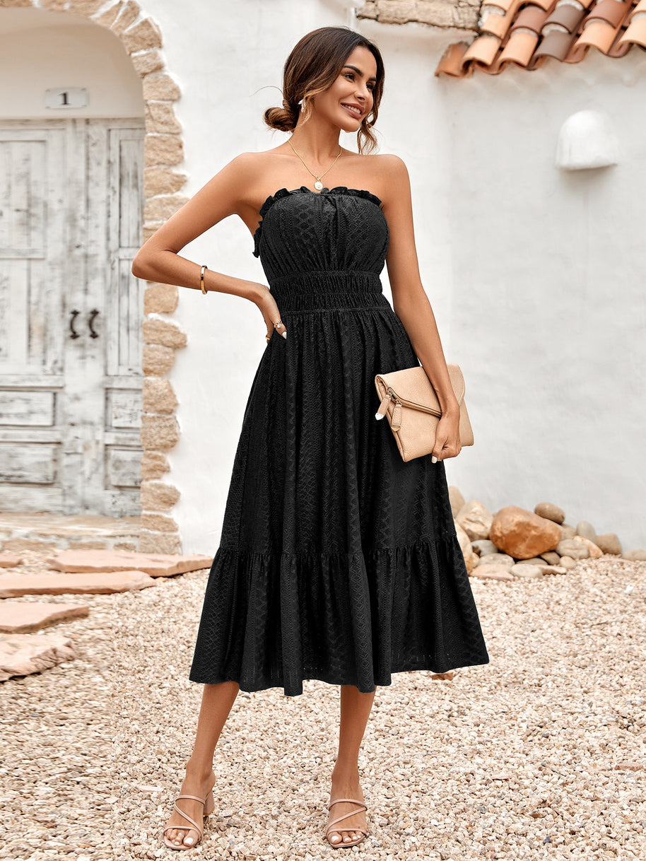 Damen Sommerliches Bandeau-Kleid mit Rüschendetails und gehäkeltem Stoff WW