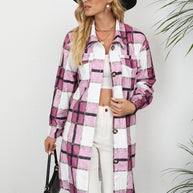 Damen Karomuster Longbluse mit Knopfverschluss und Seitentaschen WW