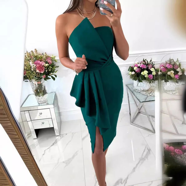 Damen Körperbetontes Abendkleid mit Rüschen und Schlitz WW