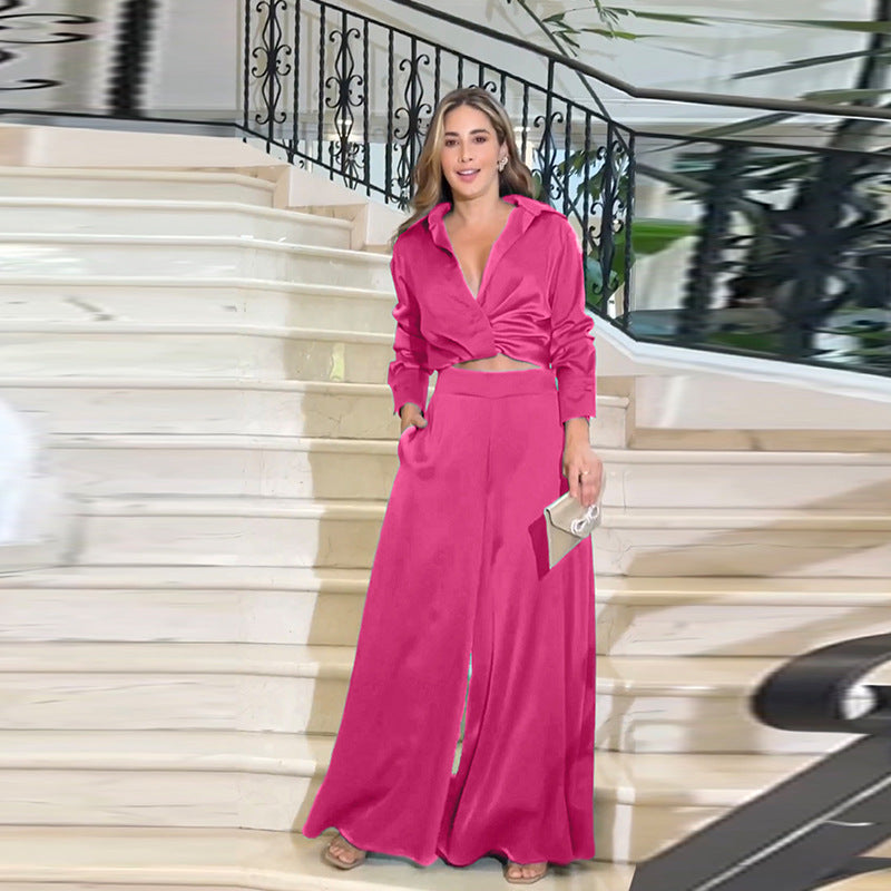 Damen raffinierter und eleganter Zweiteiler mit cropped Bluse und weit geschnittenen Hosen WW