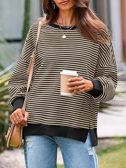 Damen lässiger gestreifter Oversized Pullover WW