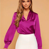 WW | V-Ausschnitt Langarm Satin Bluse