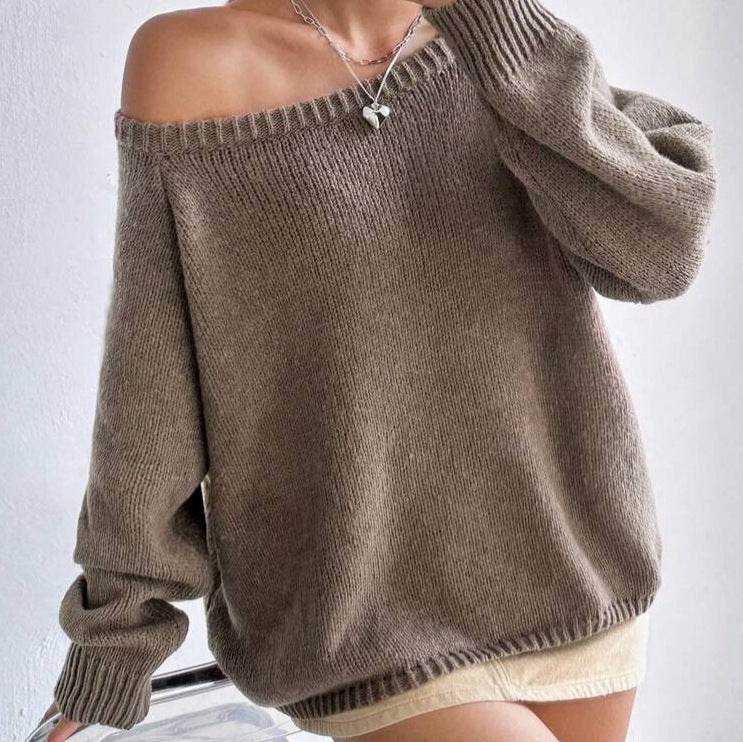 Damen Bequemer Oversized Pullover mit weitem Rundhalsausschnitt WW