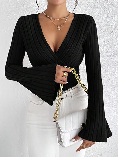 Damen Strickoberteil mit Wickeldesign und weitem Ärmel WW