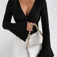 Damen Strickoberteil mit Wickeldesign und weitem Ärmel WW