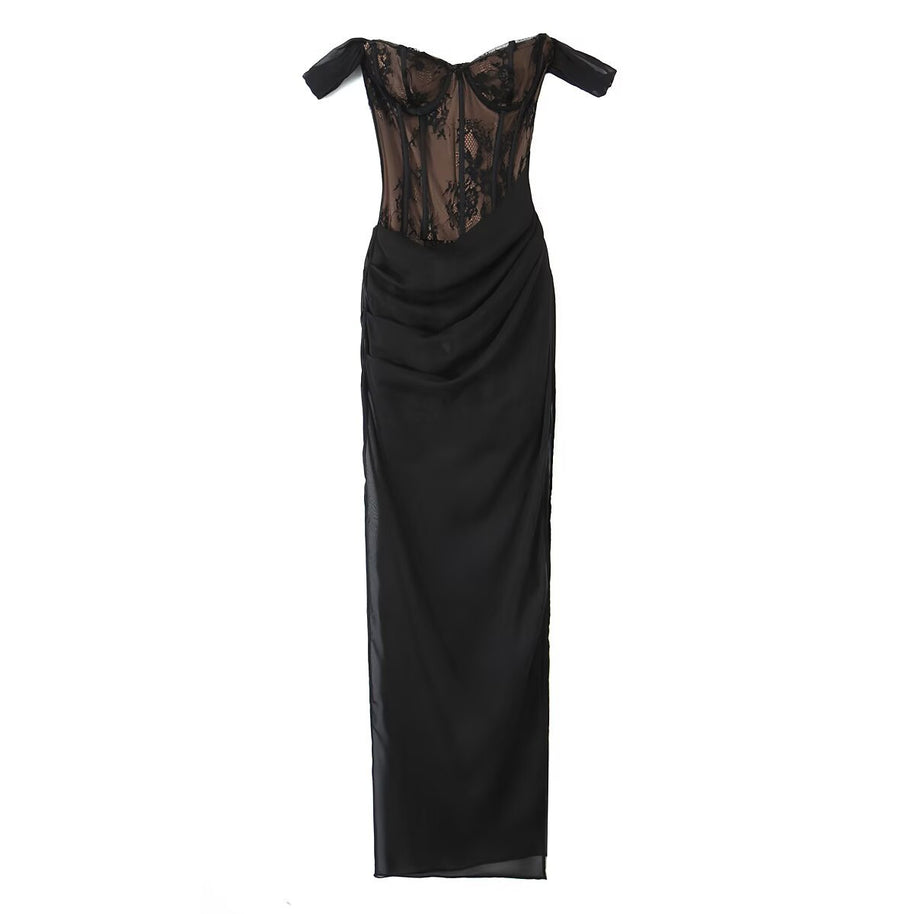 Damen aufwendiges Spitzenkleid mit eleganten Rüschendetails WW