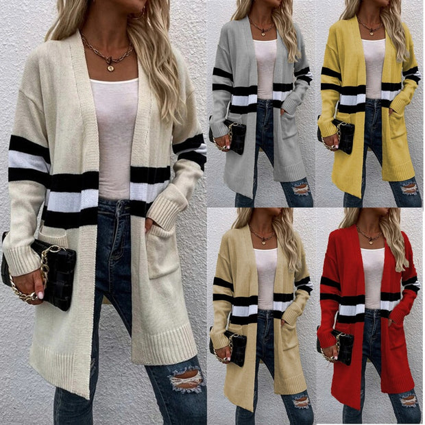 Damen Strickcardigan mit sportlichen Streifen und offenen Taschen WW