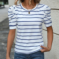 Damen T-Shirt mit dekorativen Puffärmeln und modernem Streifenmuster WW