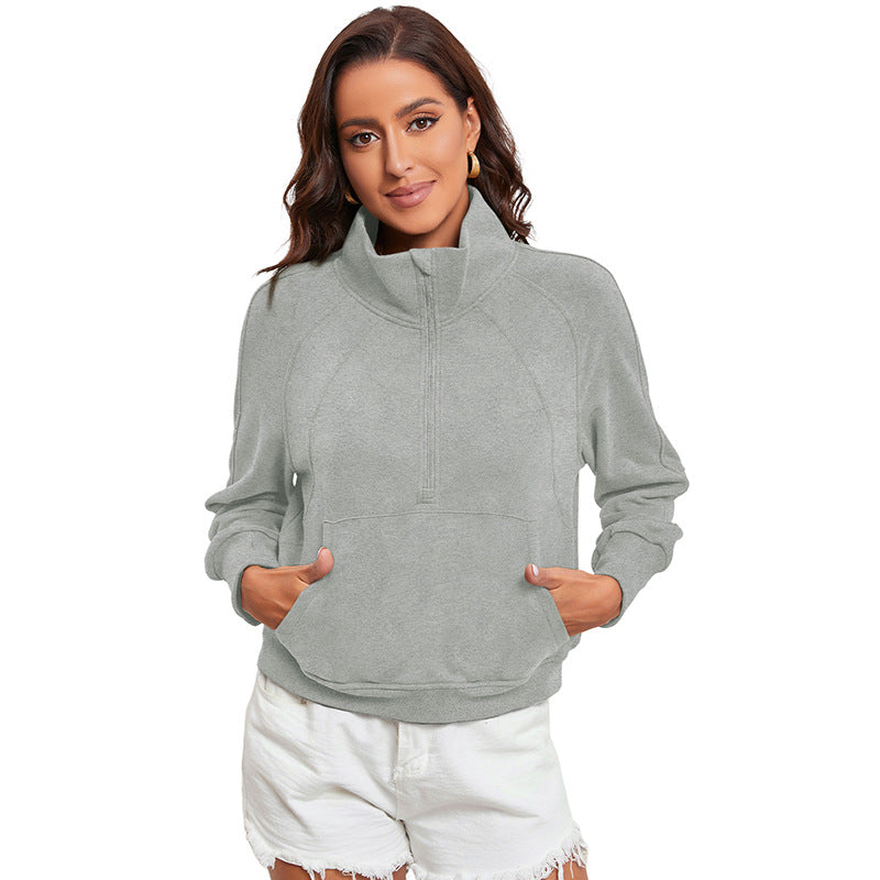 Damen lässiger Pullover mit halbem Reißverschluss und praktischen Taschen WW