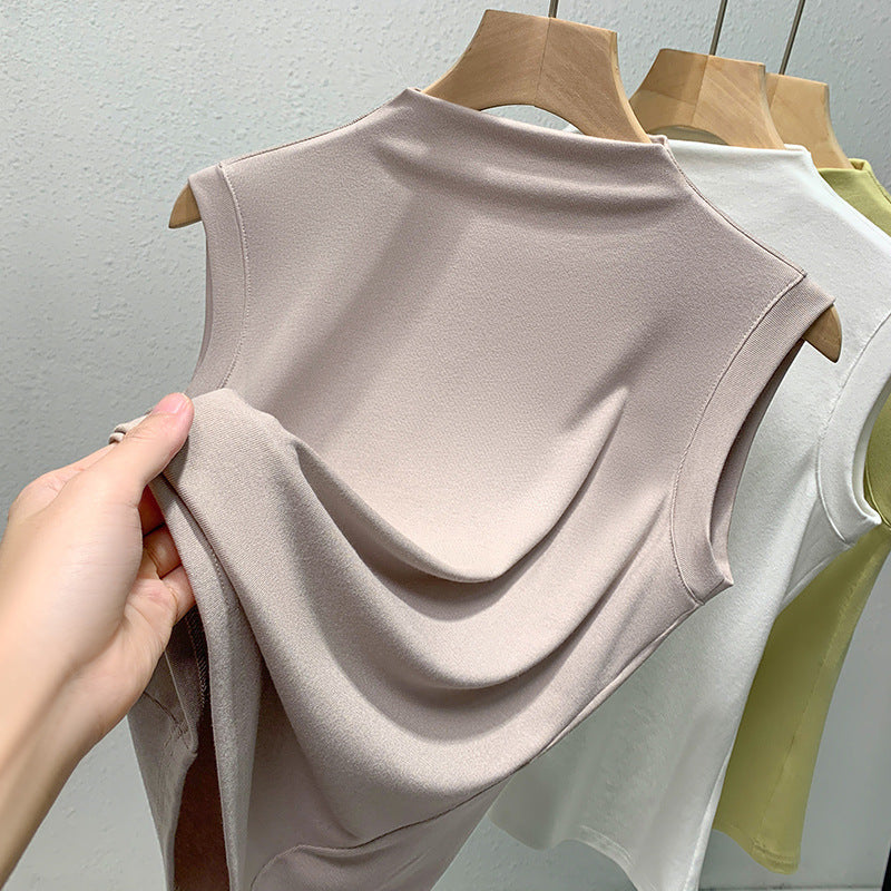 Damen ärmelloses Oberteil mit elegantem hohen Kragen und fließendem Material WW