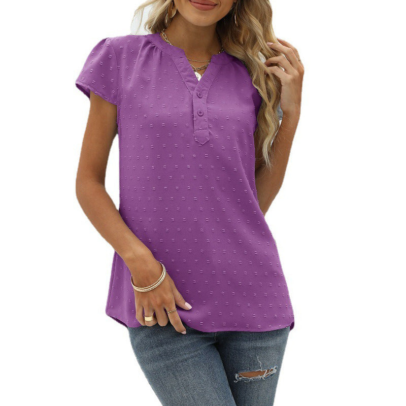 WW | Jacquard Chiffon Locker V-Ausschnitt Kurzarm Top