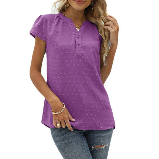 WW | Jacquard Chiffon Locker V-Ausschnitt Kurzarm Top