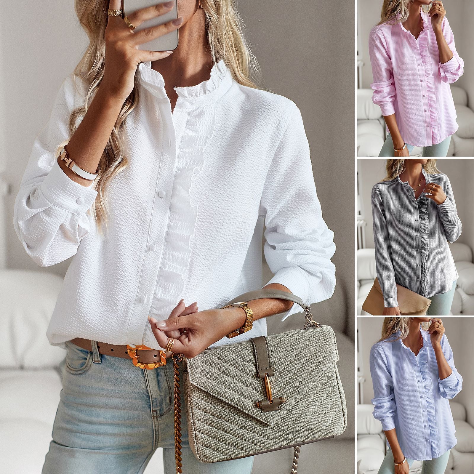 Damen Bluse mit Rüschendetails und Stehkragen WW