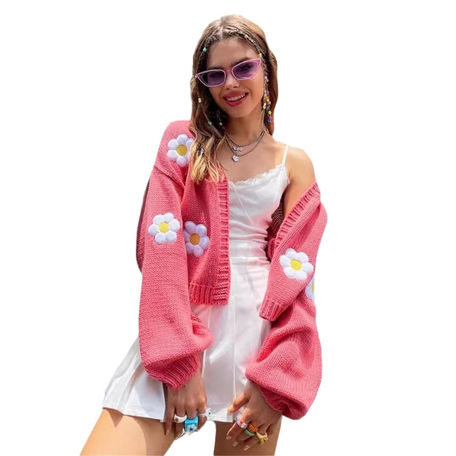 Damen Strickjacke mit floralen Applikationen und lässigem Schnitt WW