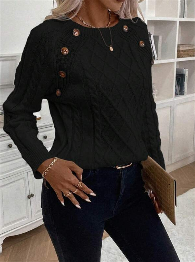 Damen Strickpullover mit strukturiertem Rautenmuster und dekorativen Knöpfen WW