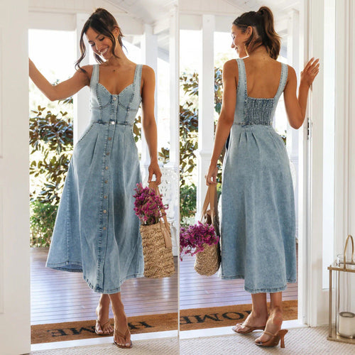 WW | Lässiges Vintage Knopf Denim Langkleid mit Trägern