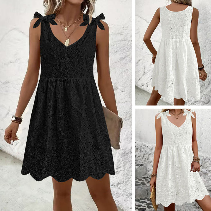Damen luftiges Sommerkleid mit dekorativem Lochmuster und süßen Trägern W&W Mode
