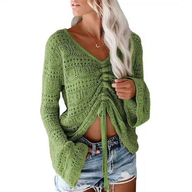 Damen angesagter V-Ausschnitt Pullover mit Raffung WW