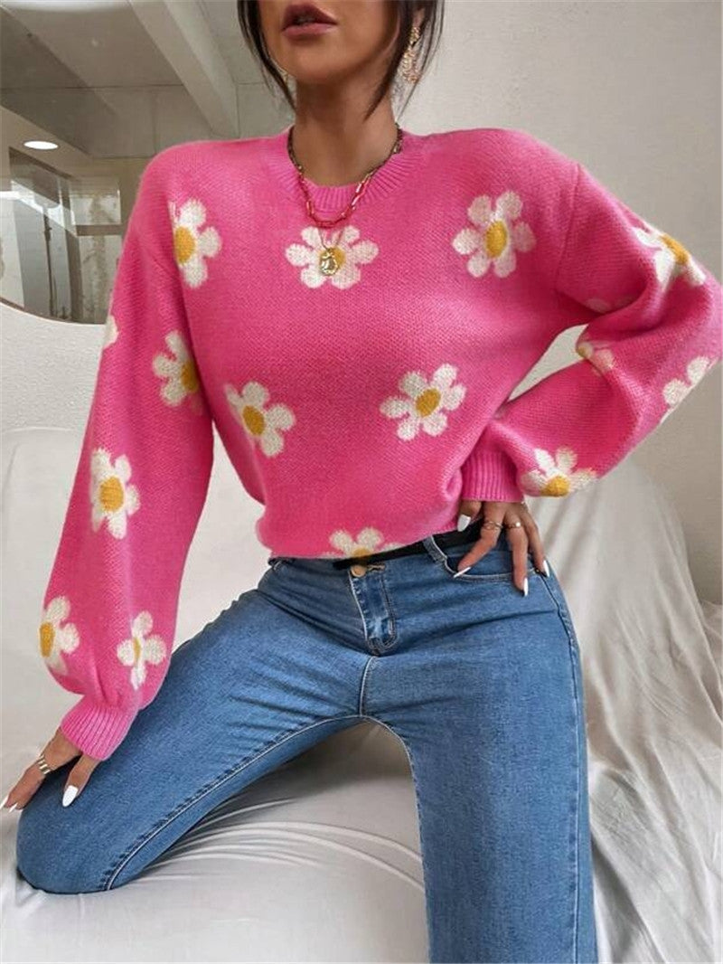 Damen Strickpullover mit verspieltem Blumenmuster und eleganten Puffärmeln WW