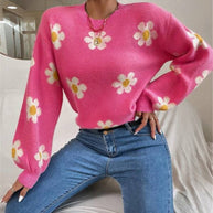Damen Strickpullover mit verspieltem Blumenmuster und eleganten Puffärmeln WW