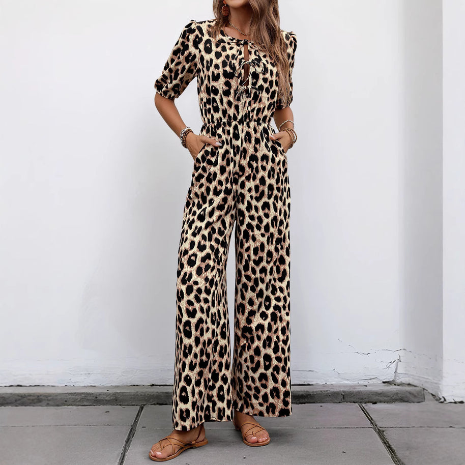 Damen Jumpsuit mit elegantem Wickelausschnitt und modischem Leopardenmuster WW